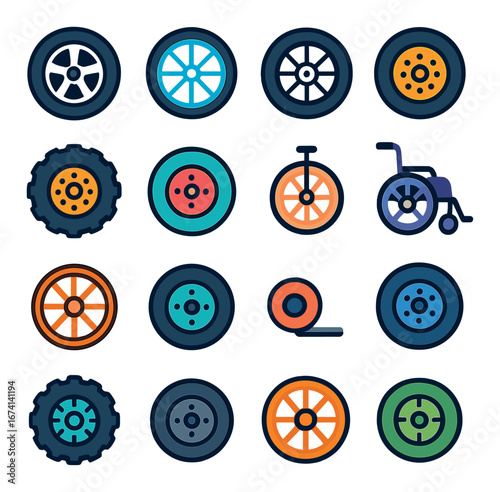 Linear transportation icon set featuring wheel, bicycle, wheelchair, unicycle, and tire symbols