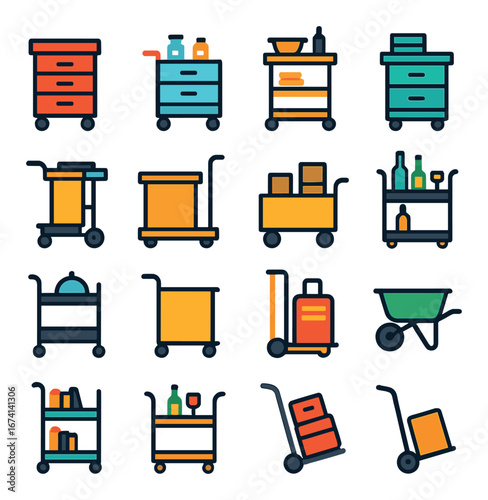 Flat icon set of trolleys, carts, and barrows featuring shopping cart, luggage, bar cart, pushcart, food trolley