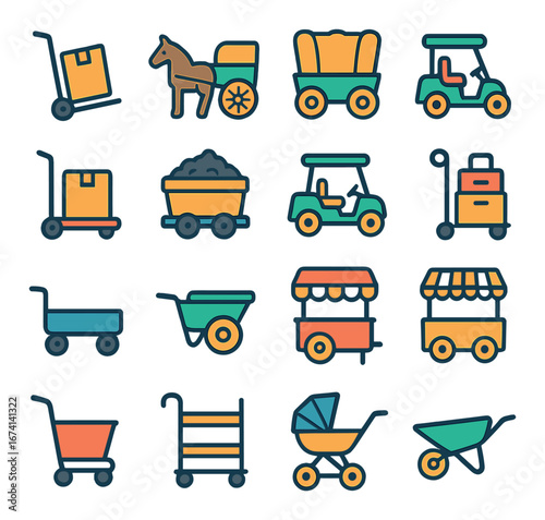 Linear transport icon set featuring trolley, cart, golf, luggage, pram, wheelbarrow, and more