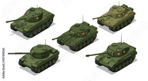 Isometric military tanks collection: green and camouflage design set