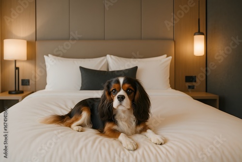 Cavalier King Charles Spaniel Lying on White Bed in Modern Bedroom with Ambient Lighting