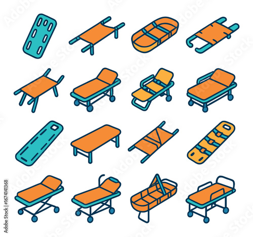 Linear medical icon set featuring stretcher, gurney, cot, and ambulance bed symbols
