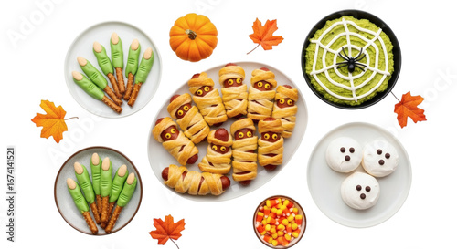 Halloween themed snacks with spooky designs on black background