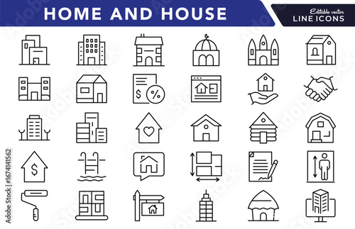 Property and residence linear icon set. House, home, apartment, building, real estate, architecture, neighborhood, family, shelter, design, interior, exterior, vector icon pack in thin line style.