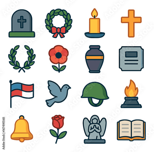 Linear memorial icon set featuring candle, cross, wreath, tombstone, flag, dove, and flower symbols