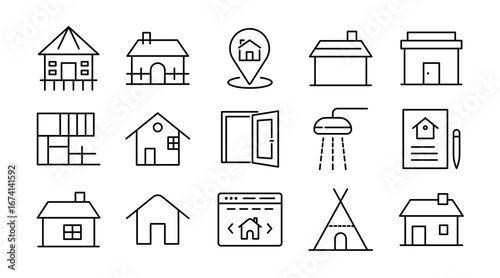 House and architecture linear icon set. Residential property, building, design, shelter, interior, exterior, neighborhood, urban, real estate, vector icon pack. UI thin line style.