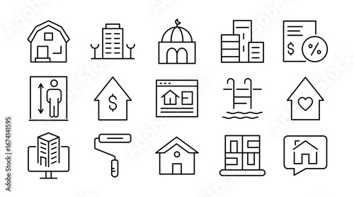 House and architecture linear icon set. Residential property, building, design, shelter, interior, exterior, neighborhood, urban, real estate, vector icon pack. UI thin line style.