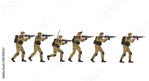 Soldiers marching in sequence: tactical formation in camouflage uniforms