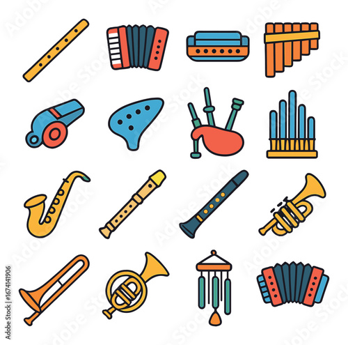 Flat musical instruments icons set featuring flute, accordion, harmonica, pan flute, whistle, ocarina, bagpipes