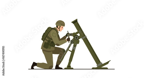 Soldier operating mortar in flat design: military equipment and warfare theme