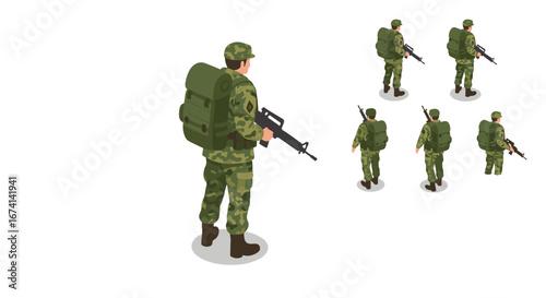 Isometric soldiers with backpacks in camouflage uniforms