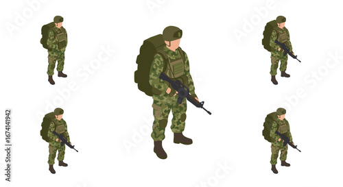 Soldiers in camouflage uniform standing with rifles in isometric style