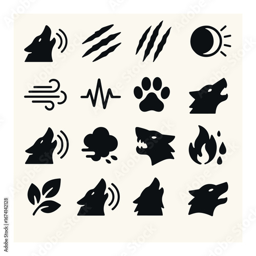 Silhouette animal icon set featuring wolf, claw marks, moon, wind, paw, howl, smoke, and fire symbols