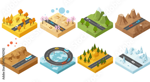 Isometric road landscapes: seasonal and geographical themes with cars and trucks