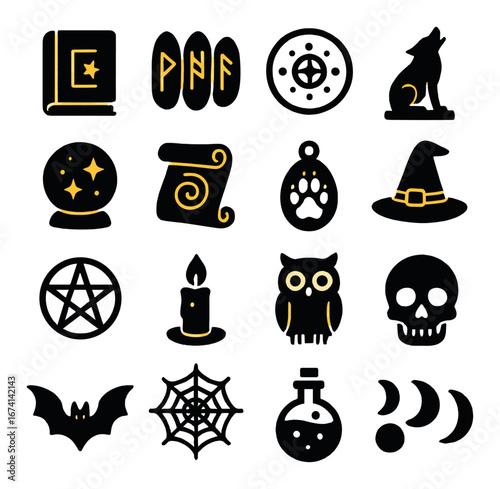 Silhouette halloween icon set featuring book, runes, star, wolf, crystal ball, scroll, paw, hat, pentagram