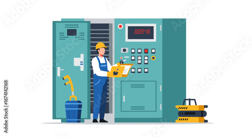 Electrician examining control panel in industrial setting for maintenance work