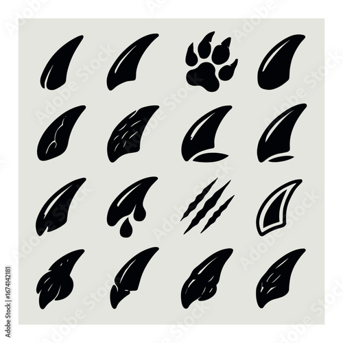 Silhouette animal claws and paw prints icon set featuring claw, scratch, and paw symbols