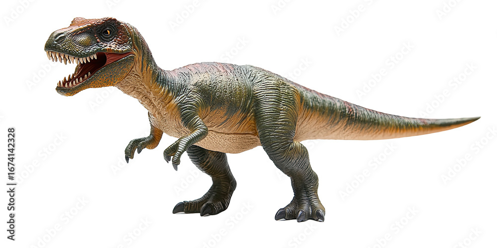 Obraz premium Tyrannosaurus dinosaur model with open mouth isolated on white transparent background