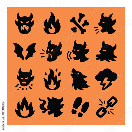 Silhouette halloween icons set featuring demon, fire, bones, bat, wolf, storm, footprints, and chains