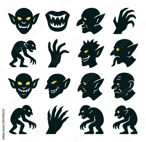 Silhouette monster icon set featuring goblins, claws, fangs, and spooky faces symbols