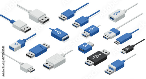 Isometric usb cable set in blue and white for technology and electronics
