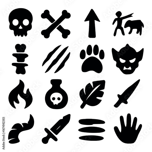 Silhouette adventure icon set featuring skull, arrow, warrior, beast, and fire symbols