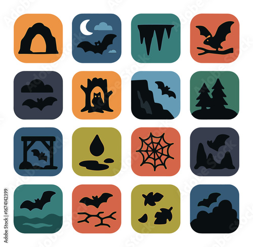 Silhouette halloween icon set featuring bat, moon, tree, spider web, cave, and cloud symbols