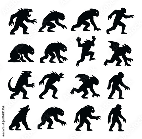Silhouette monster icon set featuring werewolf, zombie, ghoul, and demon figures