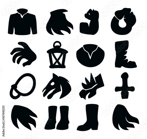 Silhouette medieval clothing icon set featuring shirt, gauntlet, armor, lantern, helmet, boot, and sword symbols
