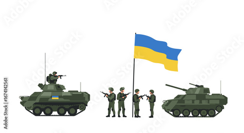 Soldiers and tanks with ukrainian flag in flat military design