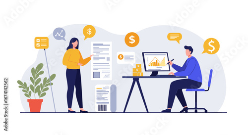 Office financial analysis with team collaboration and graphs