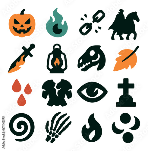 Silhouette halloween icon set featuring pumpkin, flame, chain, horseman, dagger, lantern, skull
