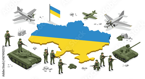 Isometric military map of ukraine with forces and equipment