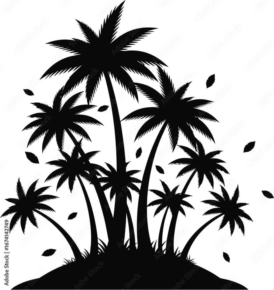 Fototapeta premium Tropical Palm Tree Silhouette Island, Beach Paradise Vector Illustration