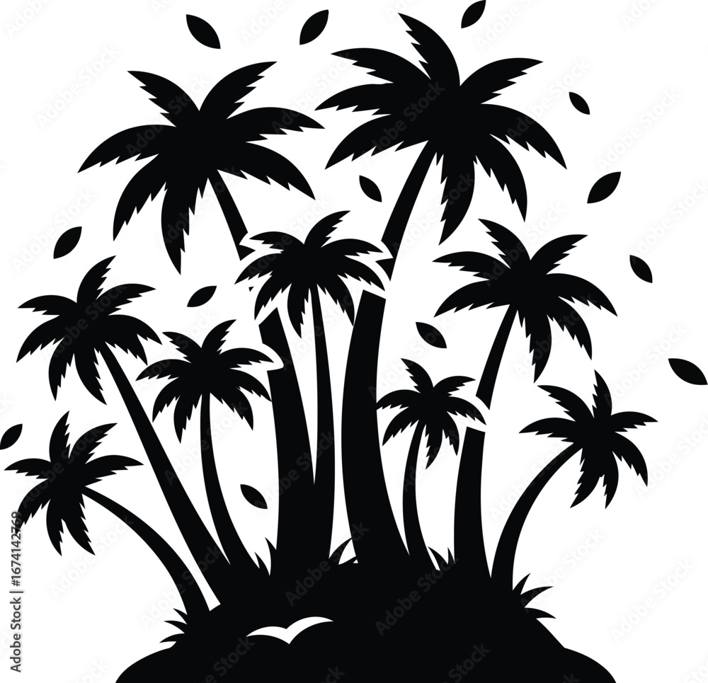 Fototapeta premium Tropical Palm Tree Silhouette Island, Beach Paradise Vector Illustration