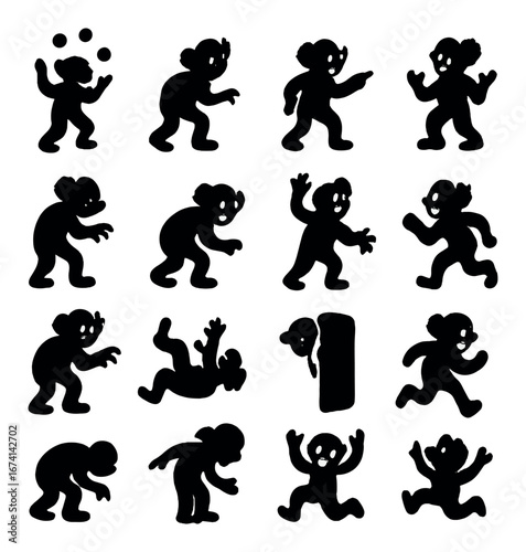 Silhouette monster icon set featuring juggling, creeping, pointing, waving, and hiding actions