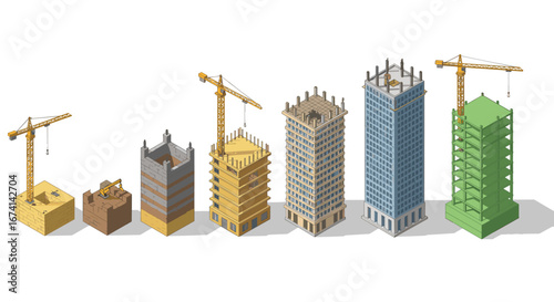 Isometric skyscraper construction stages with cranes and modern architecture