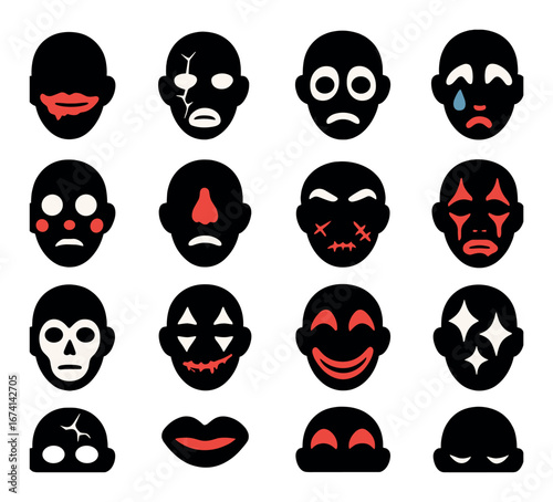 Silhouette icon set featuring creepy faces, smiling, sad, clown, cracked, tear, and horror symbols