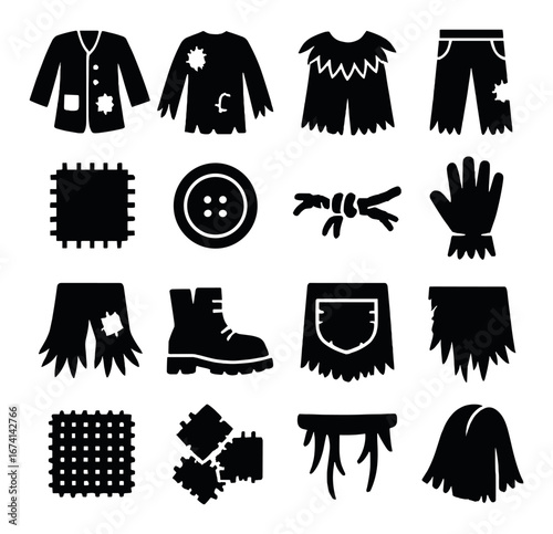 Silhouette halloween costume icons set: coat, shirt, dress, pants, patch, button, rope, glove, boot, apron