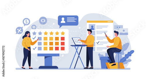 Team analyzing customer feedback and ratings in a modern office setting