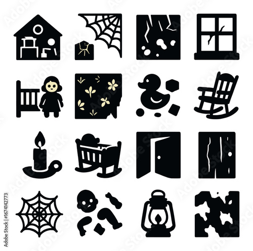 Silhouette horror icon set featuring haunted house, spiderweb, doll, rocking chair, nursery, candle, duck, lantern