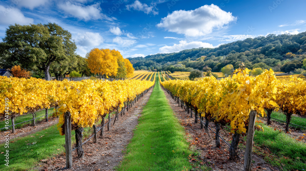 Naklejka premium Vibrant vineyard landscape featuring rows of golden grapevines under a bright blue sky with fluffy clouds, showcasing the beauty of autumn in a rural setting
