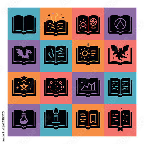 Flat magic book icon set featuring spells, potions, astrology, dragons, stars, charts, and candles