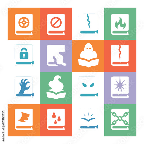 Flat magic icon set featuring fire, ice, lightning, ghost, shield, water, earth, and explosion symbols