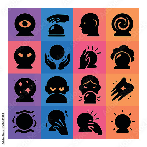 Silhouette mystic icon set featuring crystal ball, psychic, eye, hand, alien, comet, stars, head, spiral