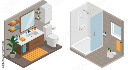 Modern isometric bathroom design with shower and vanity elements