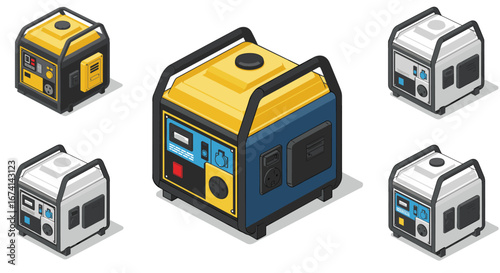 Isometric portable generators set with perspective shadow on white background