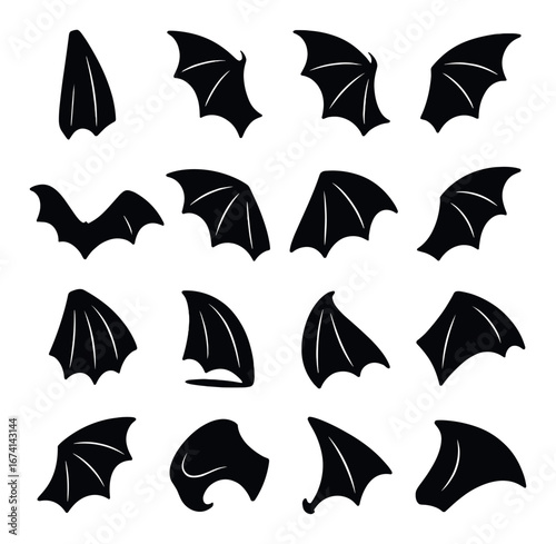 Silhouette halloween icon set featuring bat wings, spooky flaps, and creepy shapes