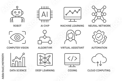 A vector icon set for tech innovation, featuring a robot, AI chip, machine learning, neural network, computer vision, data science, and coding