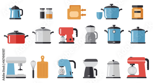 Modern kitchen appliances set in flat design with cooking tools and gadgets